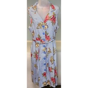 Mlle Gabrielle XL Floral Midi Dress Sleeveless Button Down Pockets Striped Blue